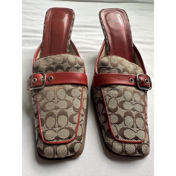 Coach Signature Logo Canvas Gwynne Mules heels red and brown Size 7 - Picture 1 of 9